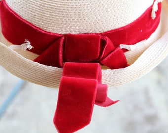 30s 40s Straw Hat for REPURPOSE Red Velvet Summer Hat size 21 Small Needs TLC