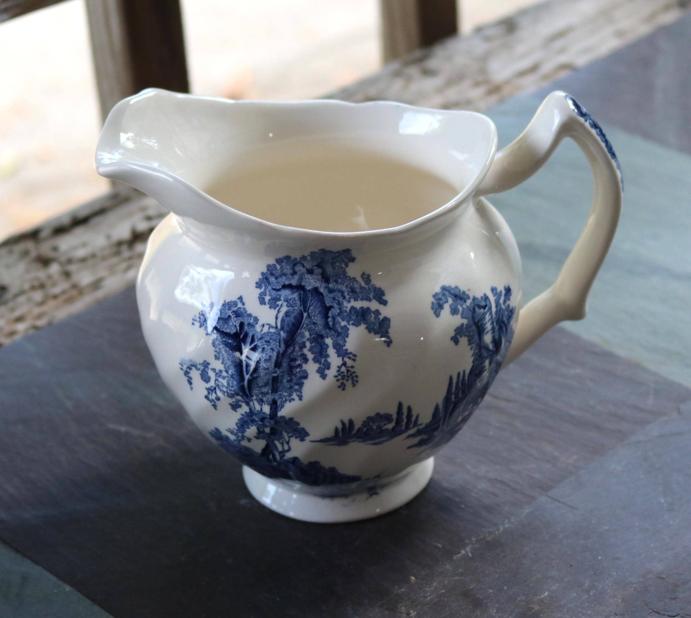 50s Old Mill Milk Pitcher Blue Transferware by Johnson Brothers