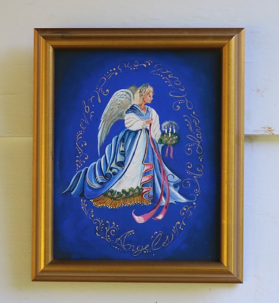 70年代のアート＆クラフト クリスマスエンジェル 額入り絵画 天使の声