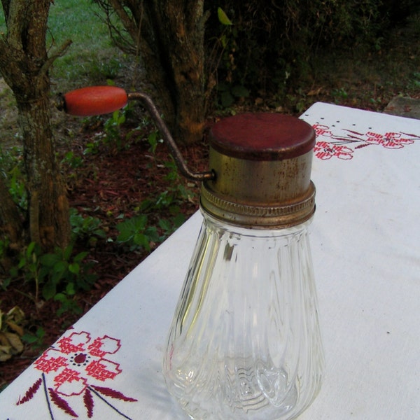 40s 50s Kitchen Nut & Herb CHOPPER Red Wood Handle Clear Pressed Glass Retro Country Kitchen Decor