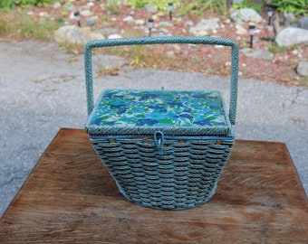 Vintage 1950s WICKER SEWING BASKET Filled with Goodies  Blue Flowers on The Lid and Interior Has one Removable Plastic Tray