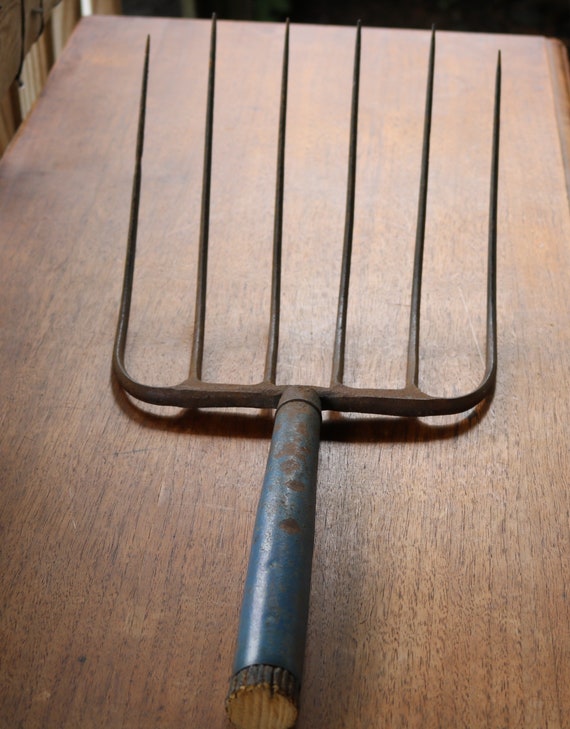Large PITCHFORK With 6 Long Thin Tines Blue Handle for Etsy