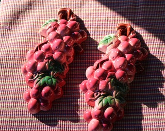 70s set of 2 HANGING Ceramic GRAPE BUNCHES Deep Rose and Green