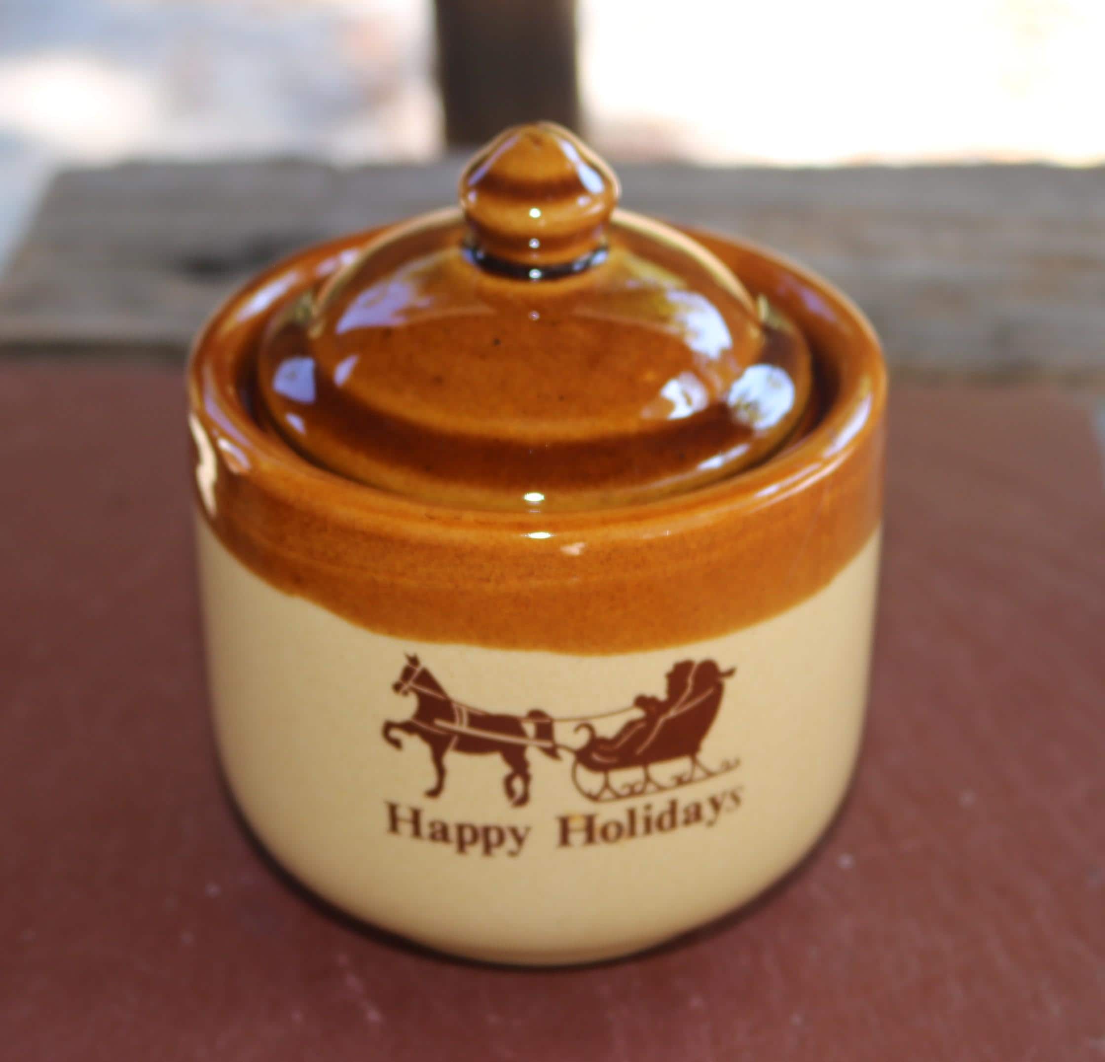 80s Crock Style Lidded Jar HAPPY HOLIDAYS Ceramic Caramel Brown