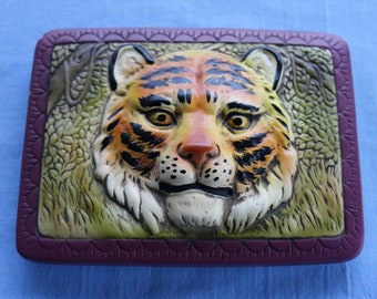 70s TIGER TRINKET BOX by Enesco Japan 3d High Relief Purple and Green Ceramic