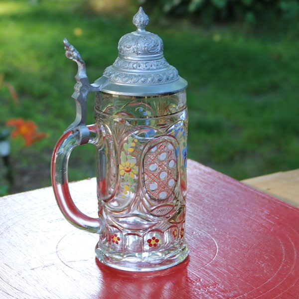 Clear Pressed Glass Hand Painted Beer Stein marked Zum Andenken Pewter Top 2 1/2 inch crack near top Stamped Crown on bottom Barware