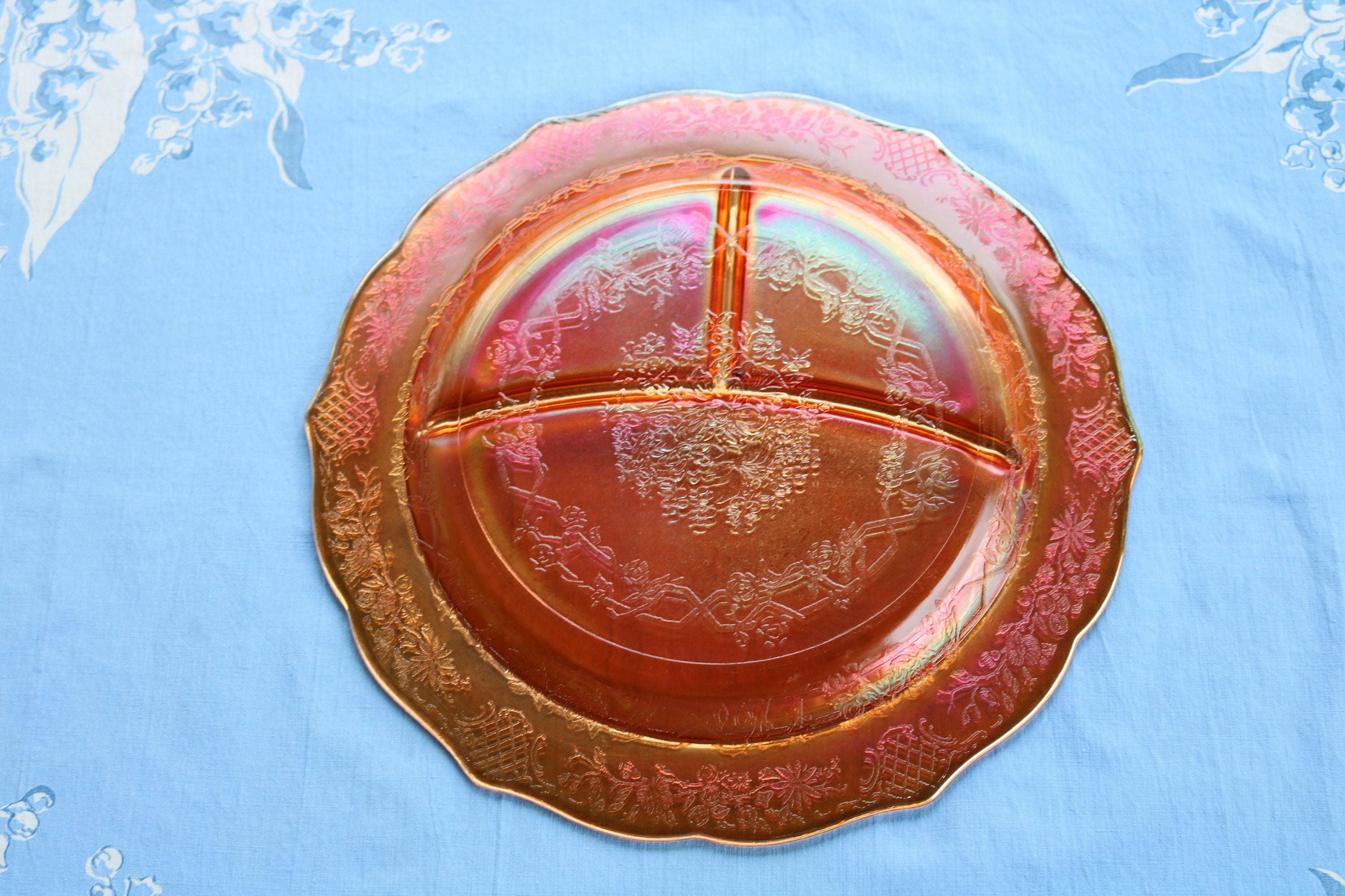 Two 1930's Marigold Carnival Glass Divided Plate in the Normandie