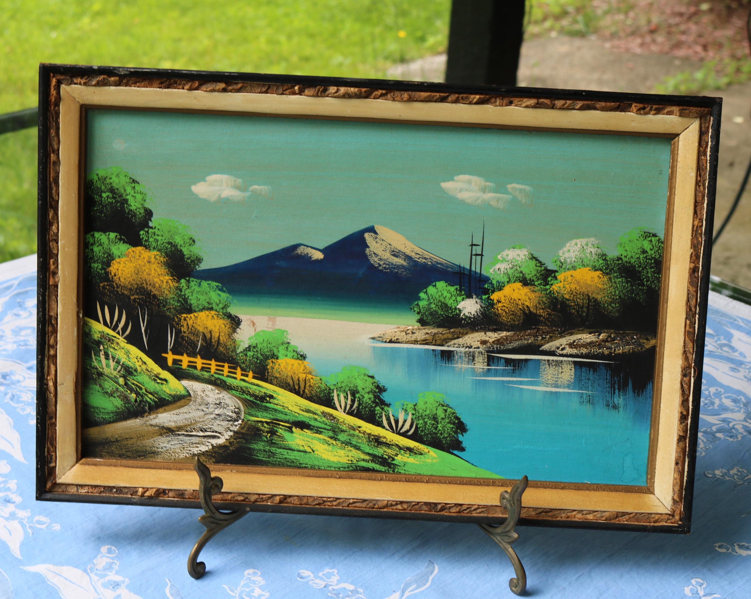 50s Kitsch Souvenir Painting Japanese Landscape on Wooden Panel