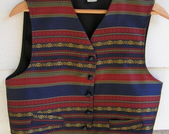 70s Button Down Brocade Vest Women's Medium Large Navy Red and Gold Metallic