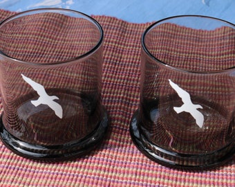 Set of SIX 70s SEAGULL Smokey Glass BARWARE Greenish-Gray with Single White Seagull Modern