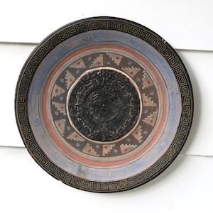 80s Hanging Mexican Calendar Wall Art Plate Hand Crafted Pottery Etched and Painted