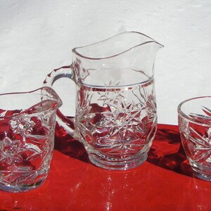 50s BREAKFAST Kitchen Pressed Glass Set Juice PITCHER and Cream & Open Sugar Bowl STAR Pattern