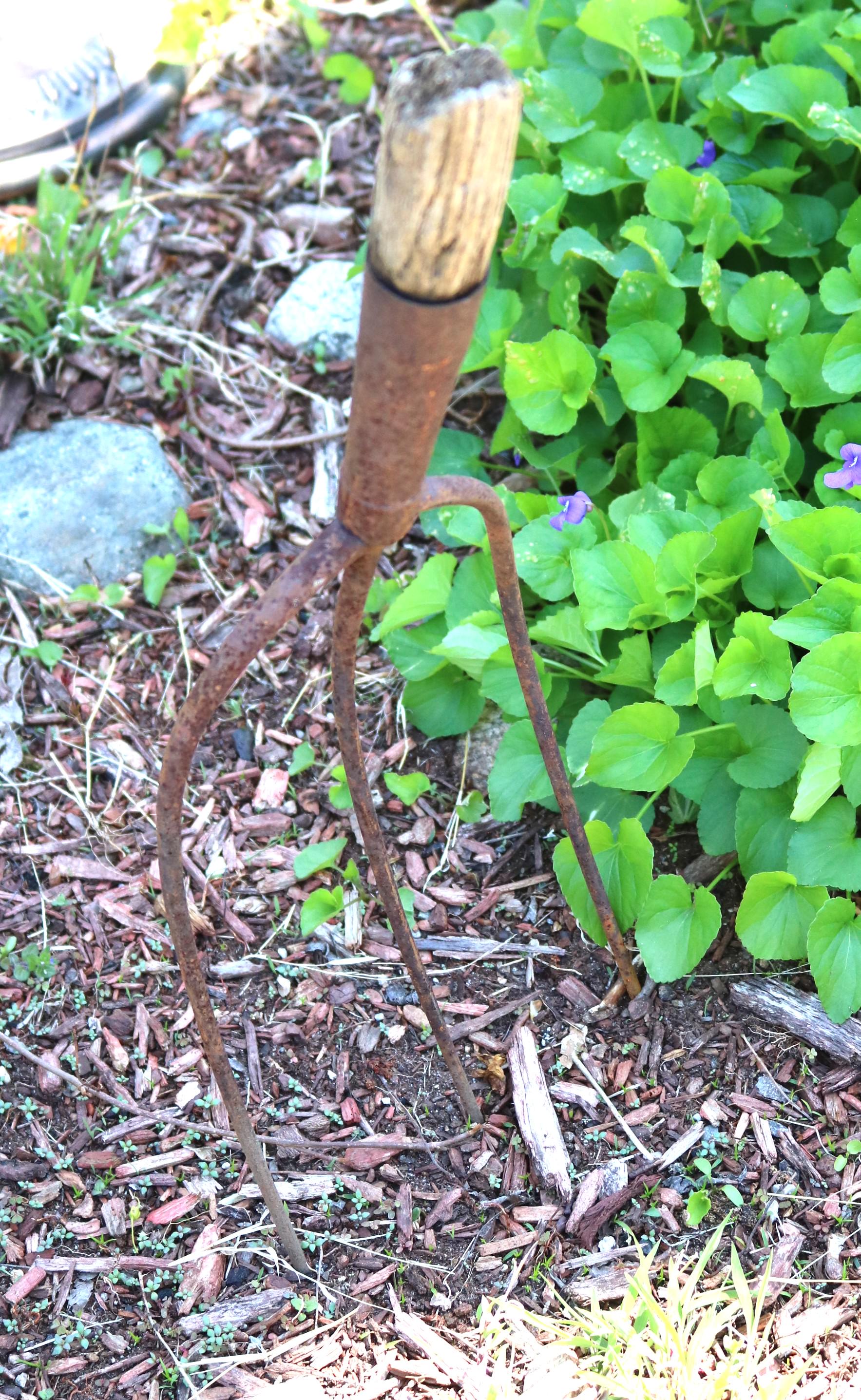 1900s Hand Wrought THREE TINE PITCHFORK Rusty Rustic Farm Tool