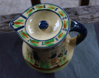 40年代の日本製陶器製ピッチャー（蓋付き）フォークアート、カップ7個