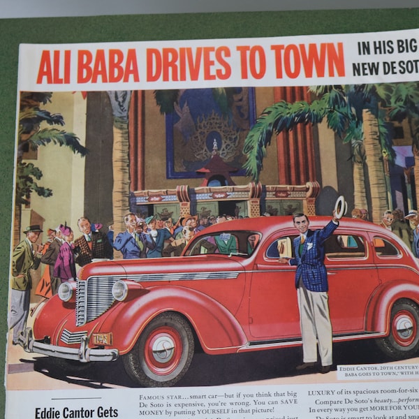 Advertising Page for DESOTO  Ali Baba Drives To Town - A Fox Movie  Staring Eddie Cantor  Canada Dry Ginger ale Ad on Back Side 1937