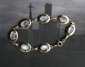 30s MOONSTONE 14K Yellow Gold Panel BRACELET Seven Oval Stones