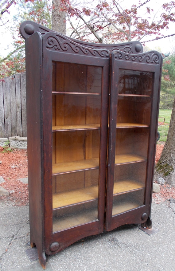 Early 1900 S Antique Oversized Glass Door Bookcase Etsy
