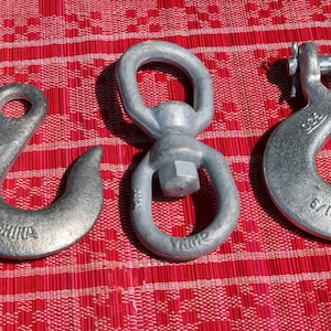 90s Industrial Hightest Set of TWO HOOKS and SWIVEL 5/16 Hanging Cast Steel
