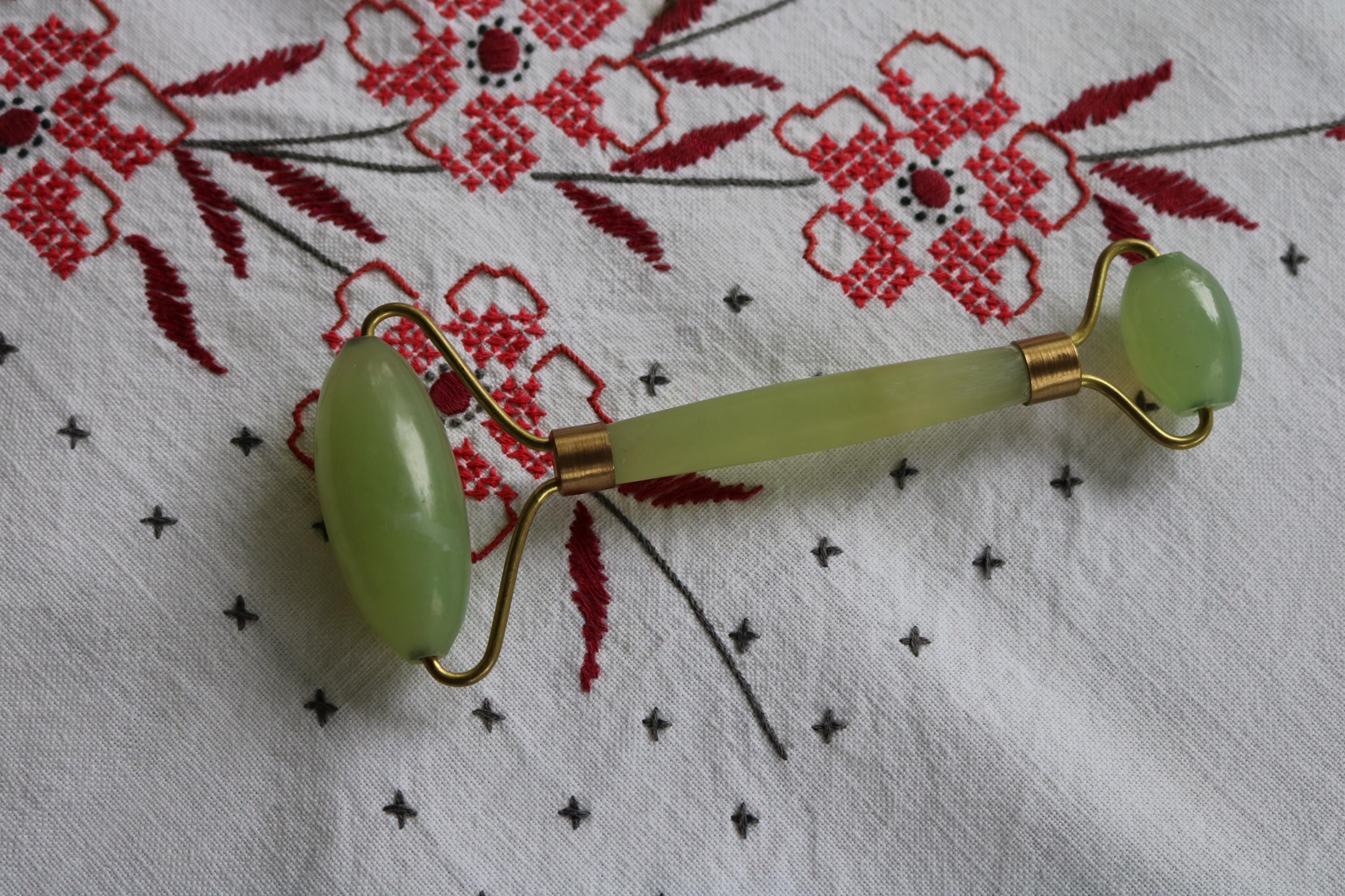80s Double Jade Stone Massage Roller Goldtone Metal Facial Skincare