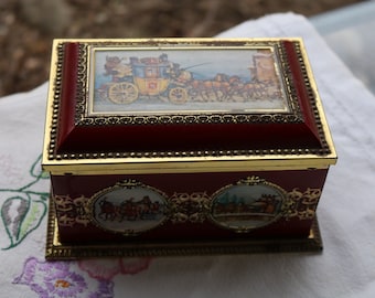 60s 70s Hinged TIN Ornate West German Carriages Castles Burgandy Gold