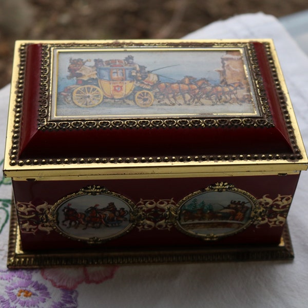 60s 70s Hinged TIN Ornate West German Carriages Castles Burgandy Gold