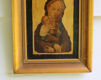 20s LOCHNER Madonna and Baby Jesus Decoupage Icon FRAMED Wooden Backing