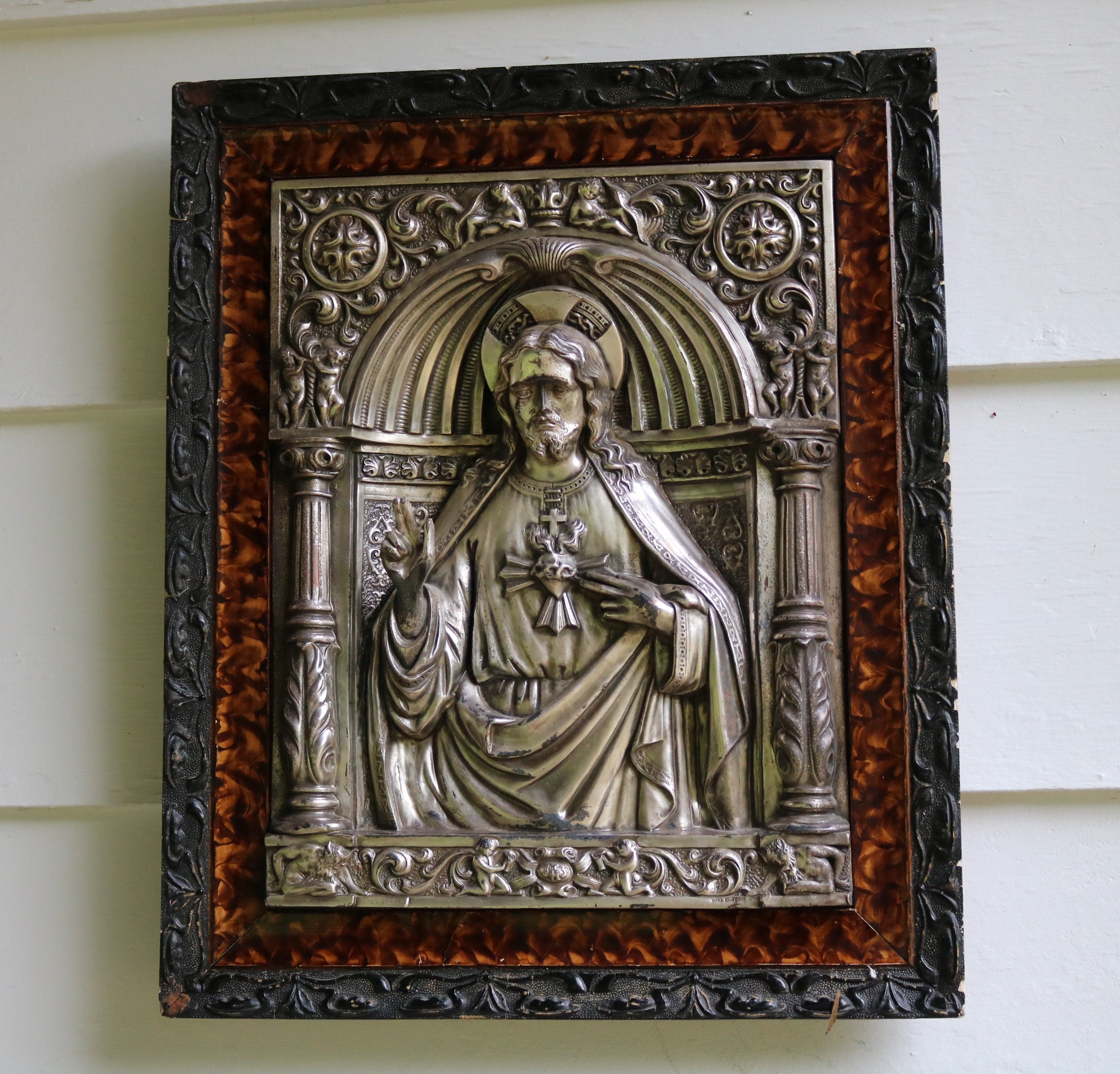 Antique REPOUSSE of the Sacred Heart of JESUS Silver Plated Copper