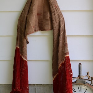 80s COTTON SHAWL Head Scarf From INDIA Deep Beige and Berry Red Long