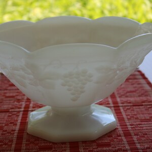 50s Milk Glass 3d Grape & Leaf CENTERPIECE by Anchor Hocking Glass Octagon Pedestal Bowl