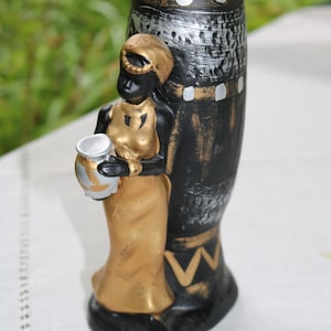 60s 70s Beautiful BLACK WOMAN Statuary VASE in Black Gold and Silver African Design