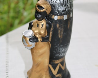 60s 70s Beautiful BLACK WOMAN Statuary VASE in Black Gold and Silver African Design