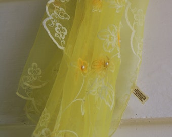 60s JAPAN Sheer TISSUE SCARF Yellow with Flocking and Pearls Square