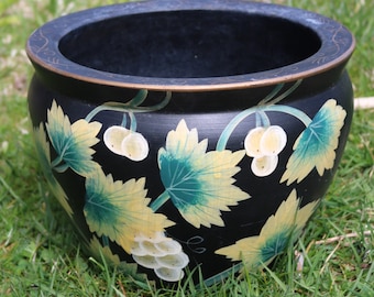 60s Hand Painted Clay Pottery PLANTER Pot Black with Gold and Yellow and Green Grapes and Leaf Pattern