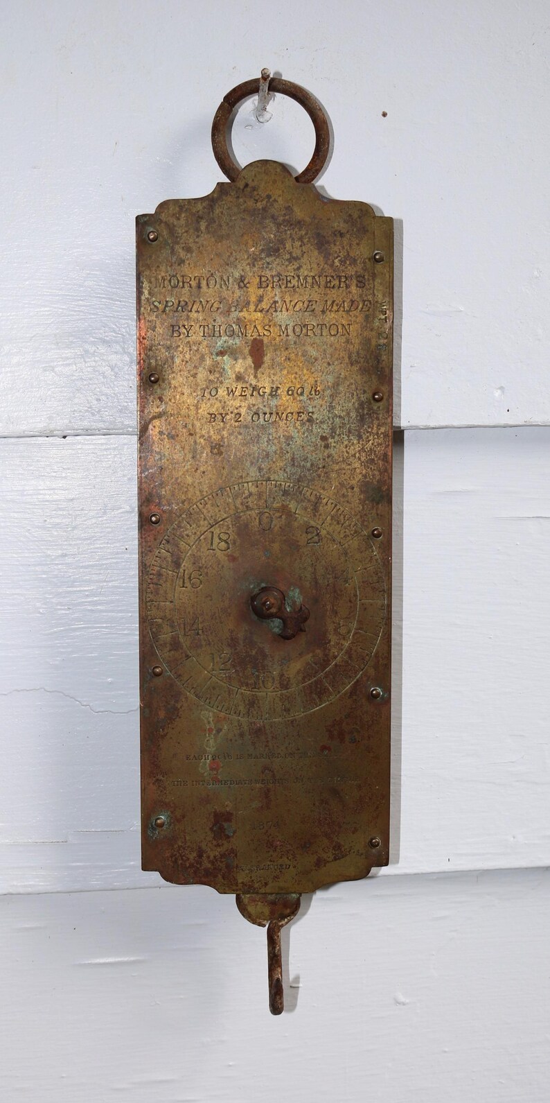 1874 Antique Spring Balance Scale Brass Front Morton & Bremner New York ...
