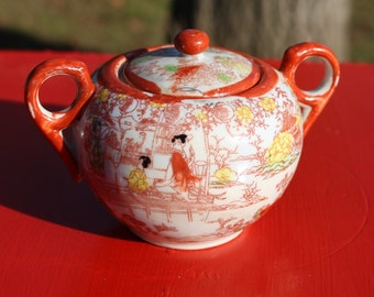 Very Old Japanese Porcelain Sugar Bowl Hand painted in Burnt Orange Yellow Geisha Girls Flowers and Buildings Serving Display Holiday Table