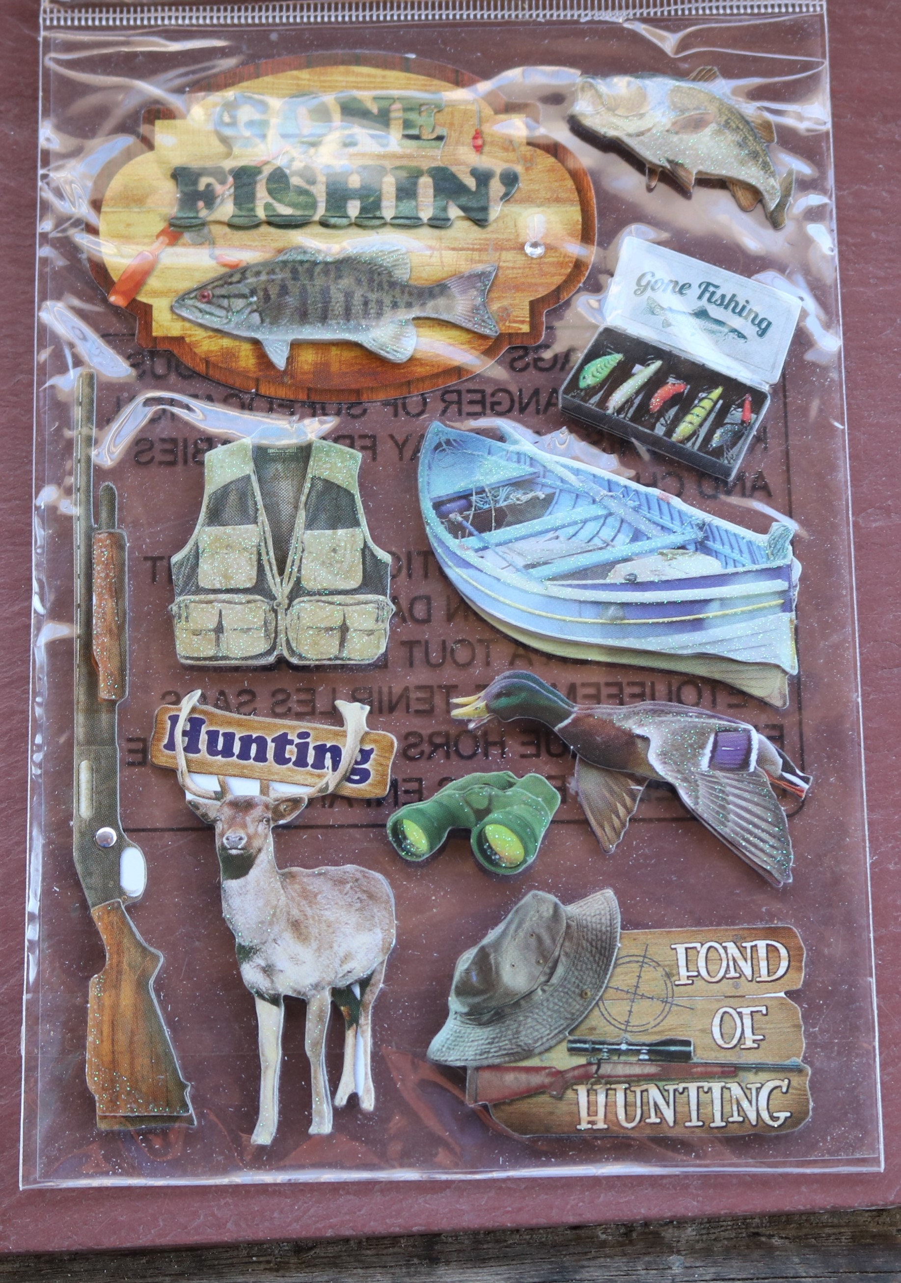 Packet of Ten HUNTING and FISHING STICKERS Edged With Glitter Deer Vest  Duck Lure Box Base and More 