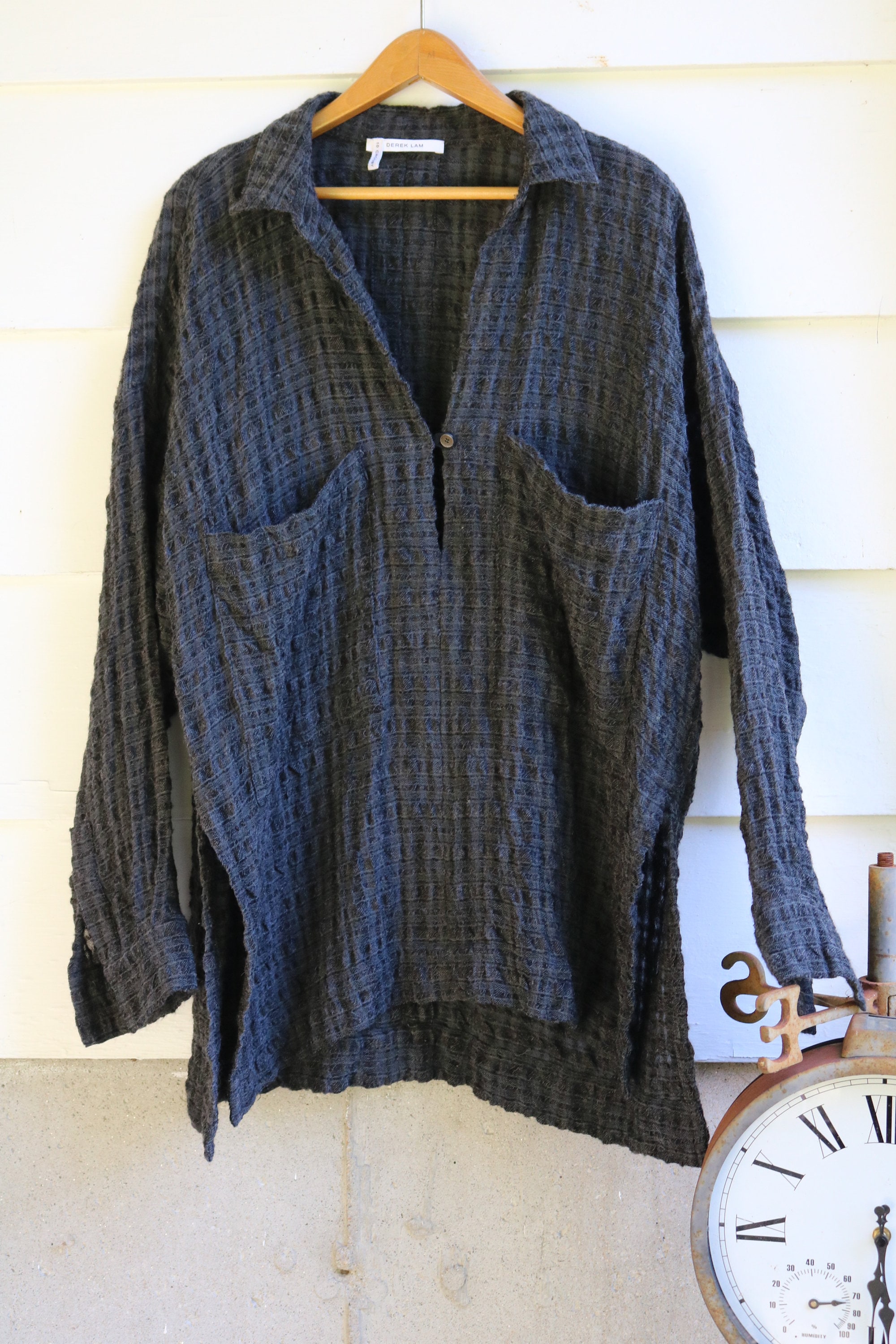late 90s DANIEL LAM TUNIC Unisex Dark Gray & Black Plaid in a Slub Texture Wool and Cotton Blend L Large
