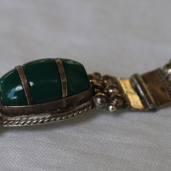 60s MEXICAN 925 Sterling SILVER and Green ONYX Hinged Bracelet Marked