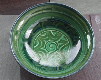 90s or so Pottery Bowl Greens and Blues Saslaw Vermont Hand Crafted Folk Art