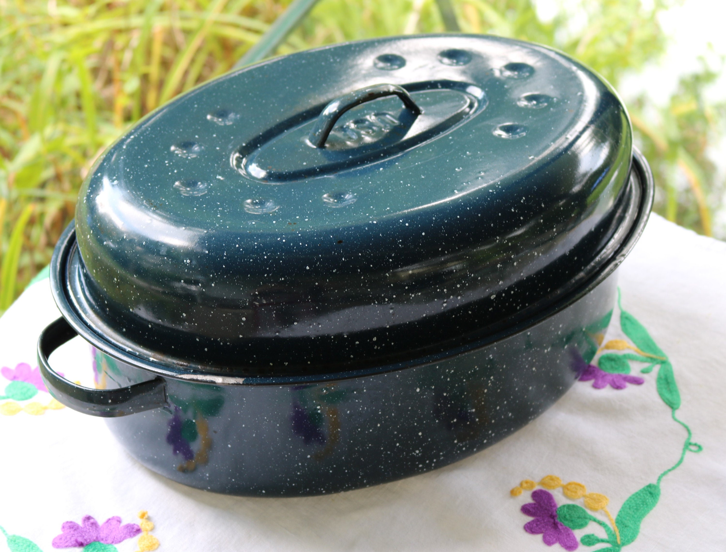 Roasting pan with lid enamel light blue oval vintage medium