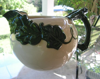 Vintage Ivy Pitcher Ceramic Dark Green and White