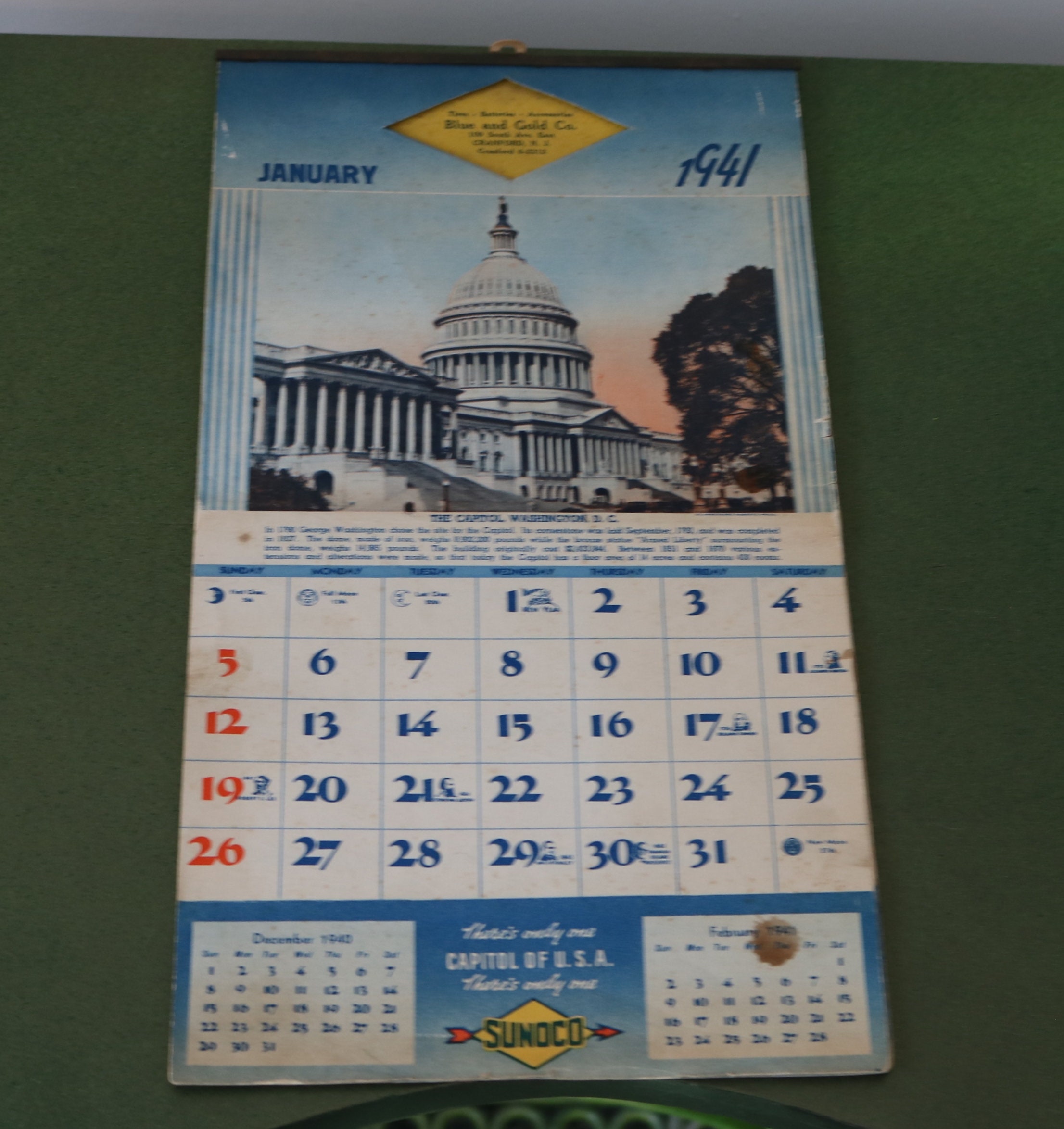 1941 Unused CALENDAR USA Landmarks Blue and Gold Co Cranford