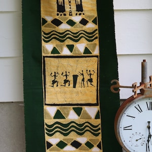 90s African BATIK WALL HANGING Elephant Woven Hand Painted 57&quot; by 18&quot; Yellow Green Gold Black