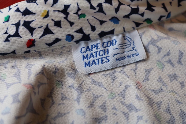 70s Large White /& Navy Blue DAISY Print BLUSE by Cape Cod Match Mates USA Long Sleeved e