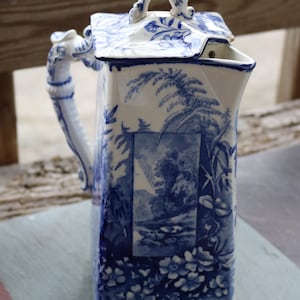 1880s Antique Ridgway ICE PITCHER Dragon Handle Blue Transferware