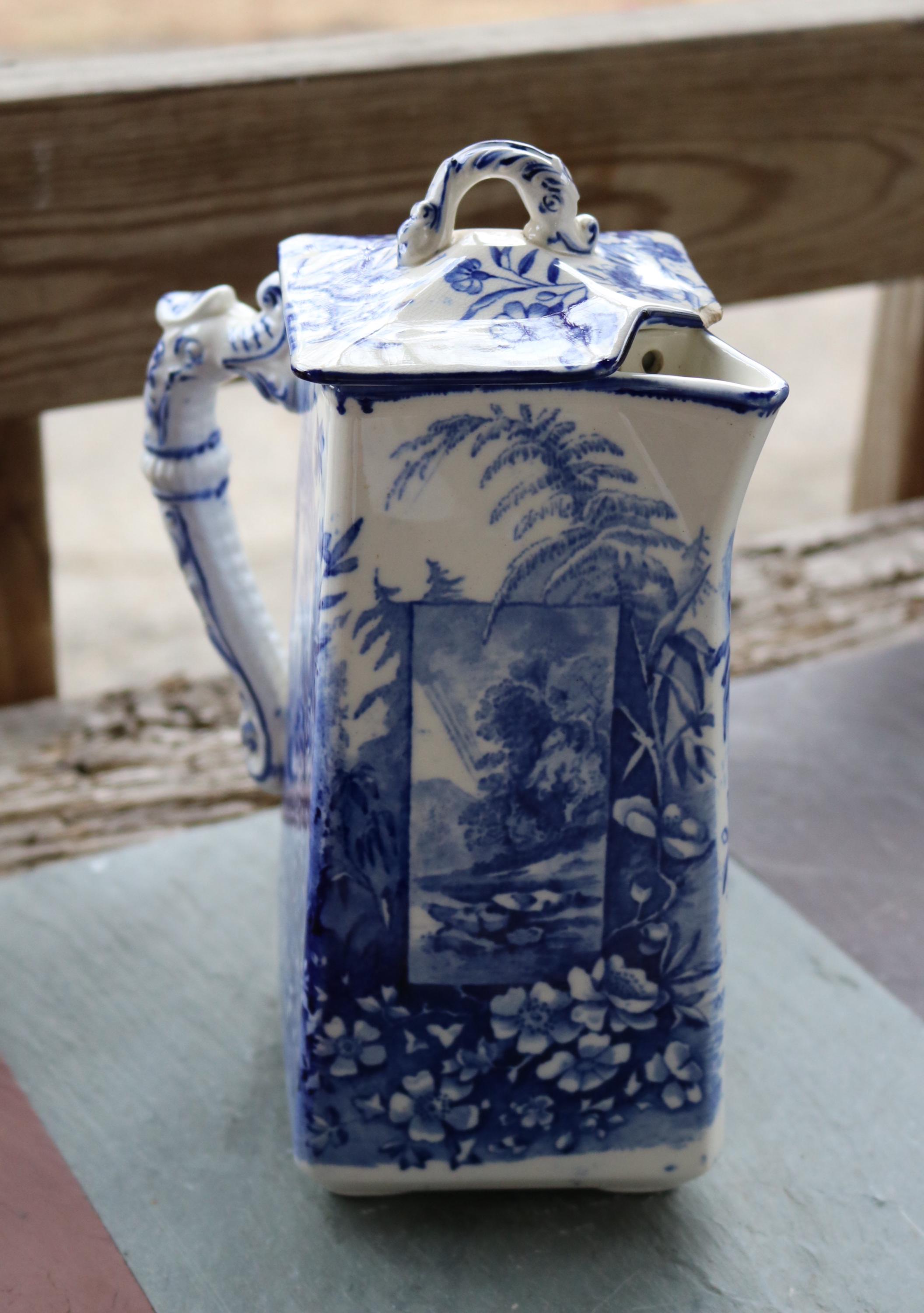 1880s Antique Ridgway ICE PITCHER Dragon Handle Blue Transferware