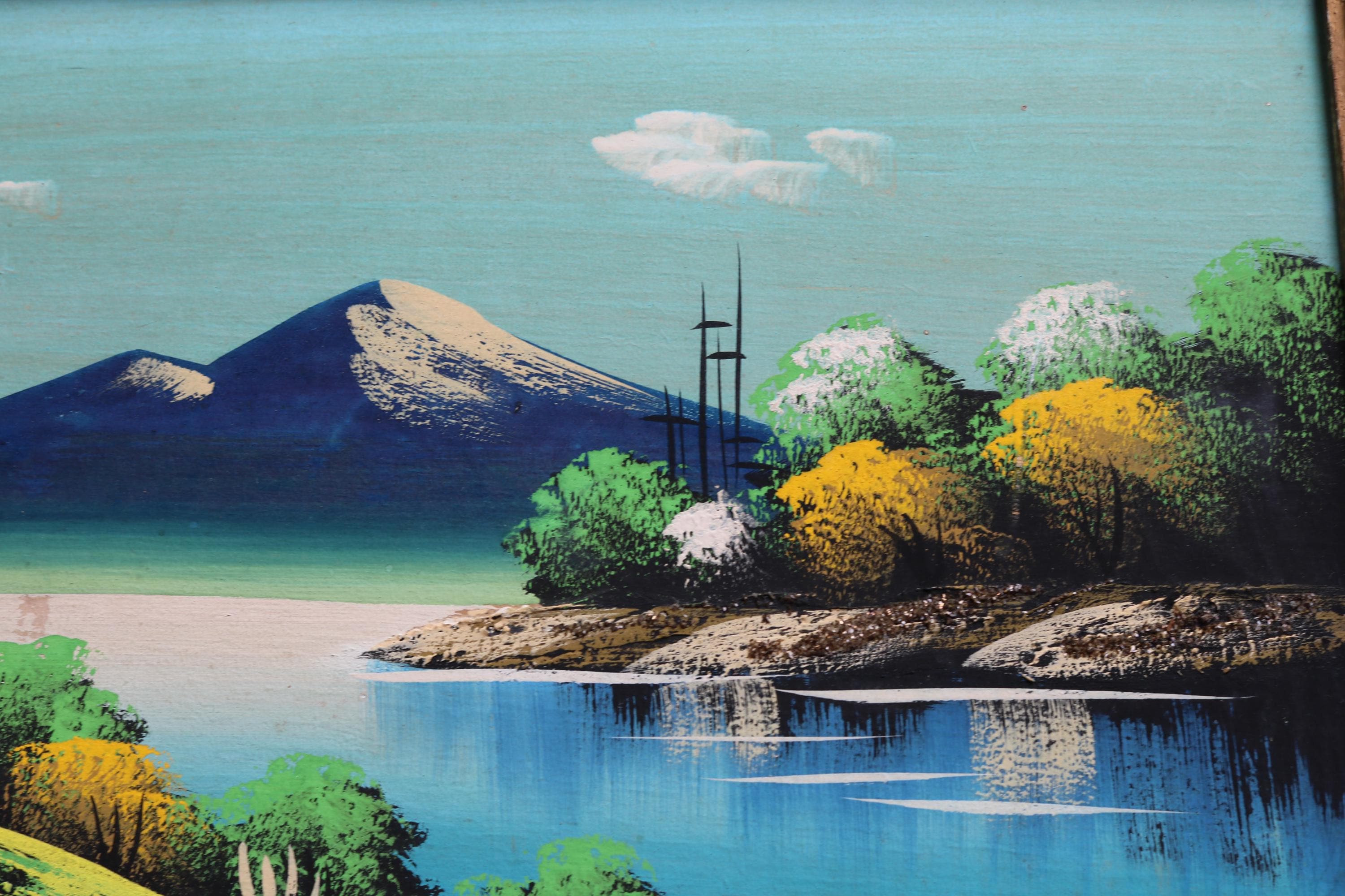 50s Kitsch Souvenir Painting Japanese Landscape on Wooden Panel