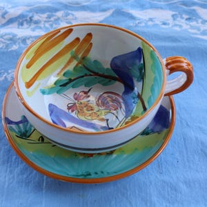 80s Italian Pottery Oversized Bowl & Plate SET Rooster Colorful Cereal Soup Chili Hand Painted Terra Cotta