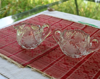 50s Etched SUNFLOWER Cut Glass SUGAR and CREAMER Clear Thick