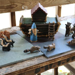 80s Hand Crafted NOAH&#39;S ARK Religious Toy Display Woodland Creatures Log Cabin Boat